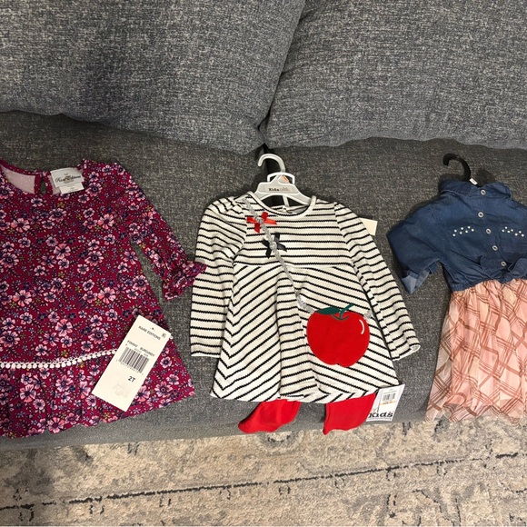 New Striped Dress with Apple Design and Red Tights, Flowers dress, Jean&pink. - Picture 1 of 4